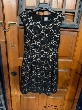 Vince Camuto Black Lace Overlay Dress with Nude Underlay